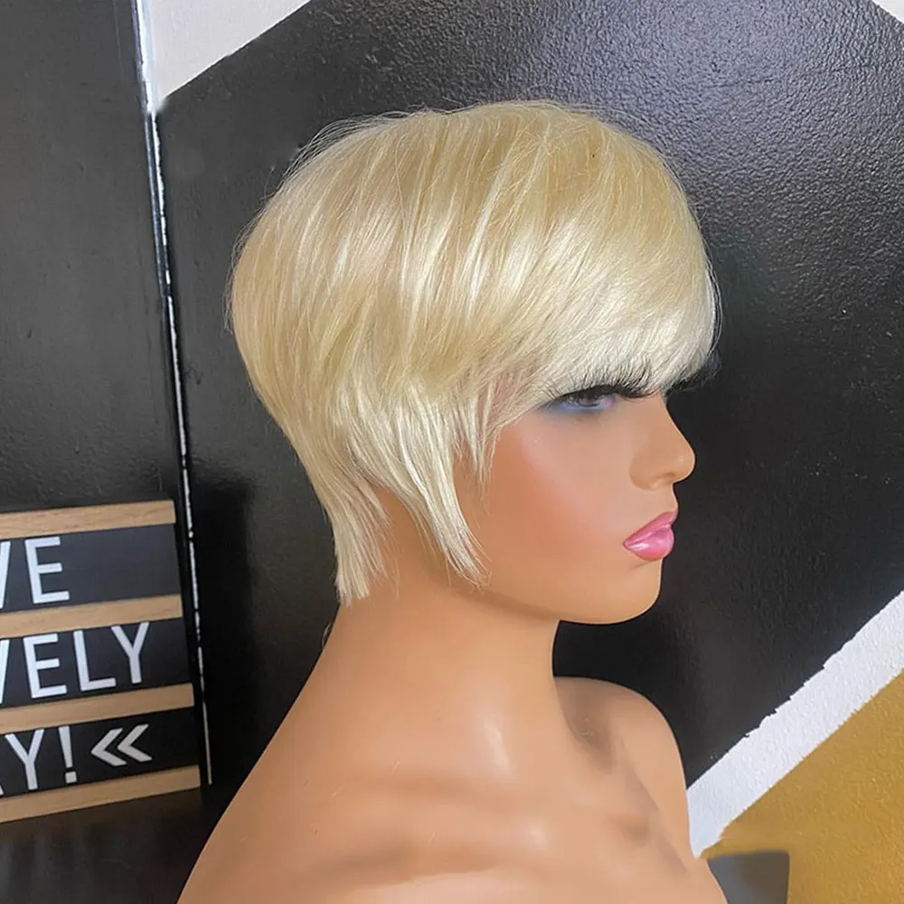 613 Blonde Wig Human Hair Short Pixie Wig Human Hair for Women 6 inch Chic Duby Wigs with Bangs Cheap Full Machine Cosplay Wig
