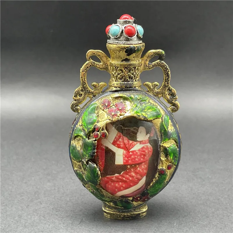 Vintage Folk Craft Snuff Bottle, Antique Inner Painting, Decorative Ornaments