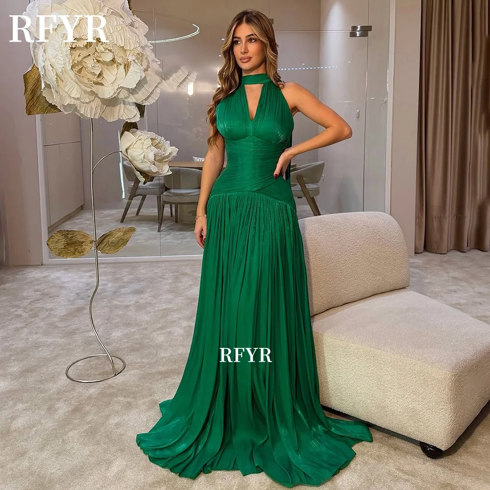 

RFYR Green Party Dress with Pleats A Line Dress Halter Evening Dress Prom Dress for Princess فساتين منا Customized
