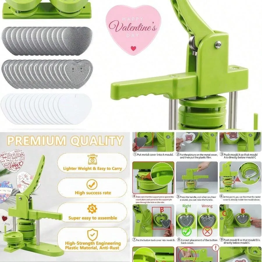 

Набор для изготовления значков в форме сердца: пресс для значков с 100 сменными заготовками и инструментом для вырезания круглых элементов