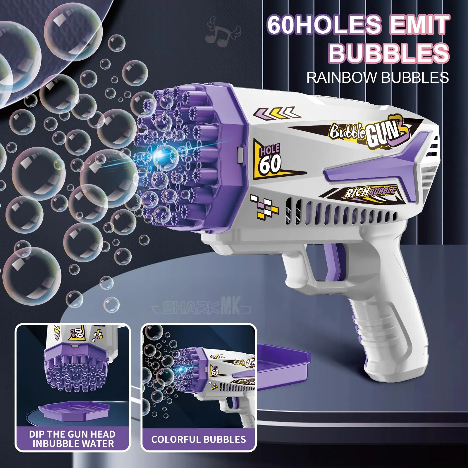 Máquina de bolhas de 60 buracos, pistola de bolhas com luzes led, para crianças, meninos, meninas, festa de aniversário ao ar livre (sem solução de bolhas)
