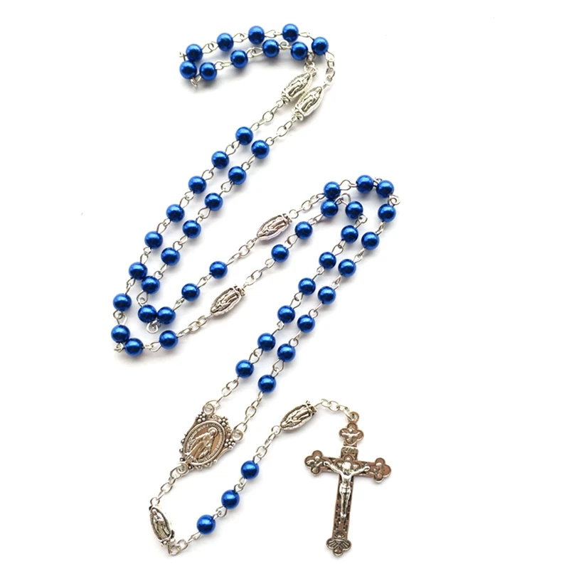 Crystal Glass Rosary Beads Necklace Rosaries Catholic Gift with Medals 6mm Blue Prayer Bead Catolic Jewelry Present Dropsale