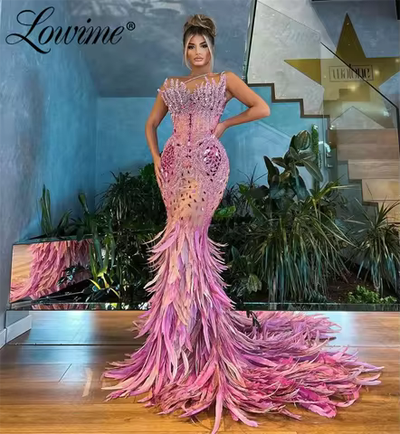 Pink Feather Crystals Mermaid Evening Dress Luxury Beaded Long Prom Dresses Rhinestones Vestidos De Gala Customized Party Dress