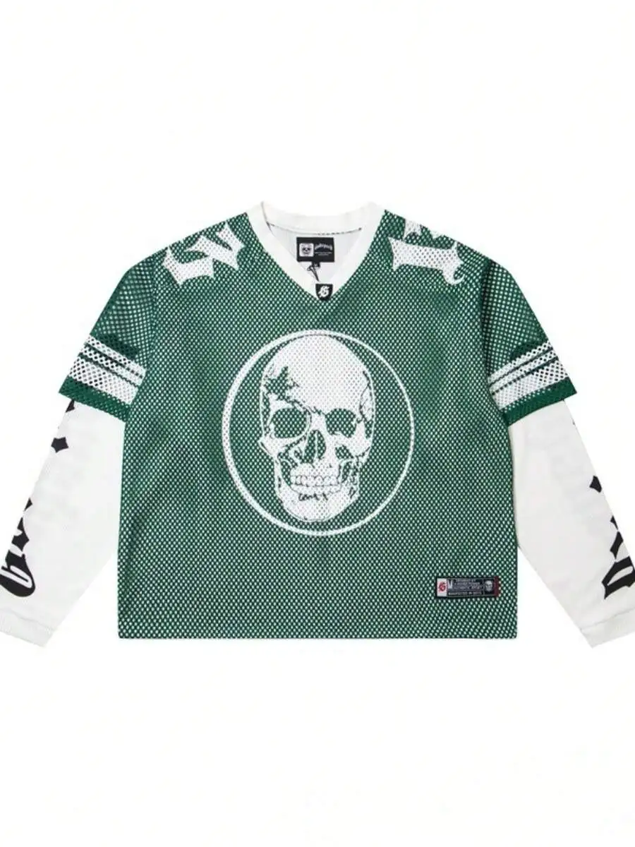 

Mens Loose Mesh Jersey Long Sleeve T-Shirt With Skull Print