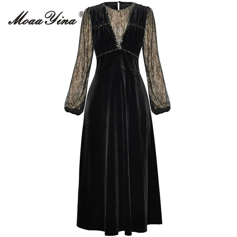 

MoaaYina Autumn Fashion Designer Black Vintage Velvet Dress Women Lantern Sleeve Lace Sequin Diamond High Waist Slim Long Dress