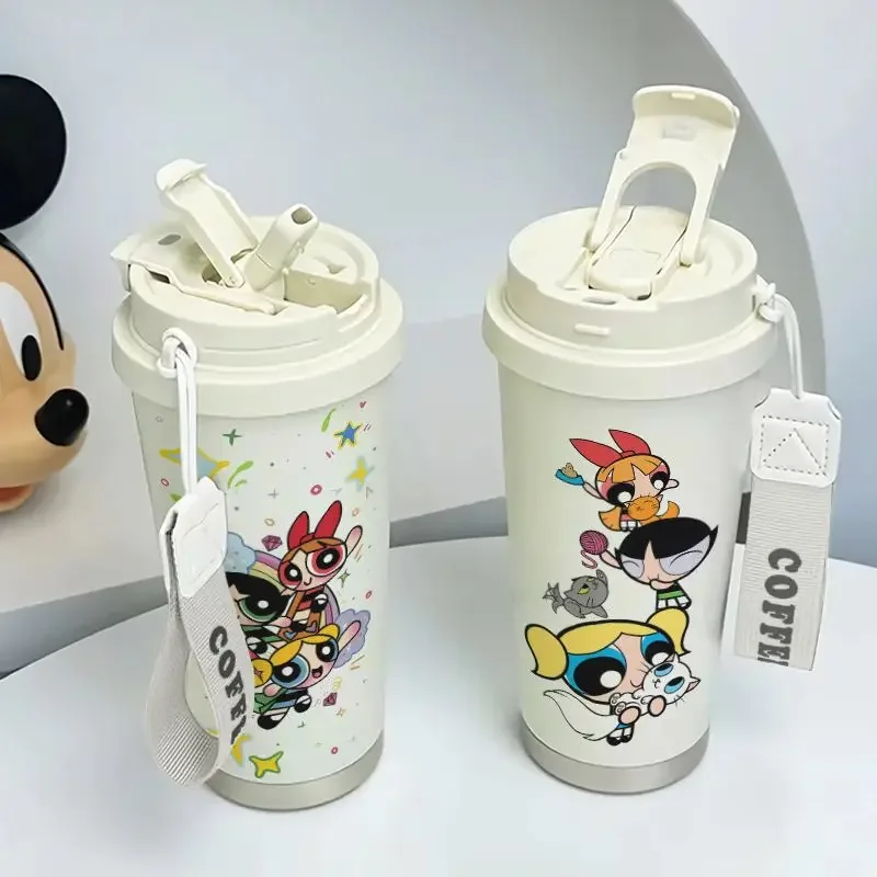 The Powerpuff Girls Blossom Bubbles Buttercup Cartoon Printed Stainless Steel Large Capacity Portable Handheld Thermos Cup Gift