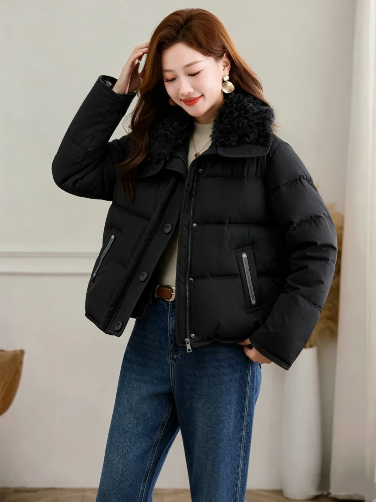 Cotton Coat Winter New Lambswool Wide Lapel Puffer Jacket Women's Warm Outerwear Loose Short Top Fashion Cotton Coat Outerwear