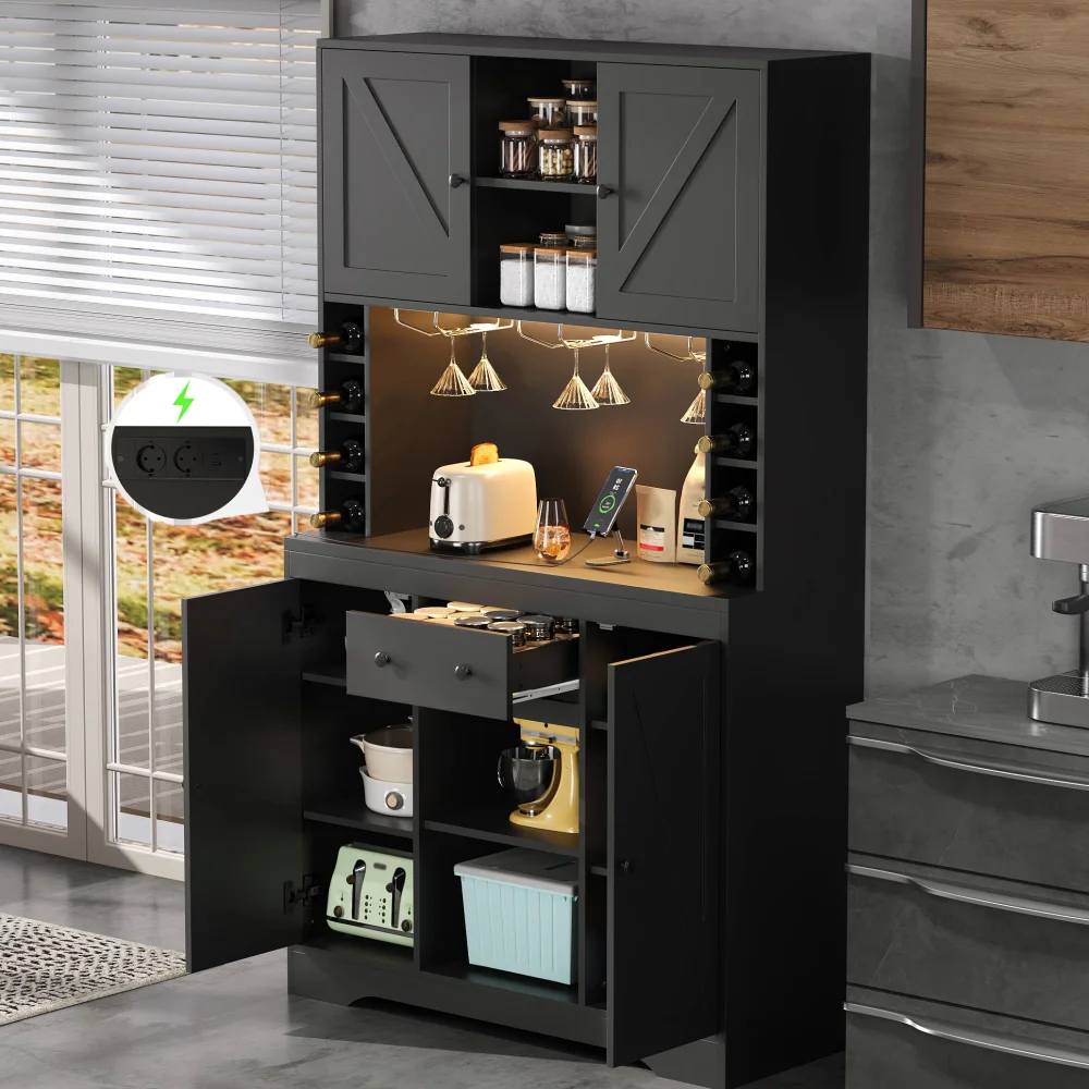 Mueble de Cocina Alto para Vinos 180x105x40cm con Estantes Ajustables, Cajón, Soporte para Copas de Vino, Ranuras para Botellas, Luces LED de Colores Cambiantes, Enchufes Integrados, Aparador Moderno para Cocina, Comedor, Sala de Estar, Mueble para el Hogar