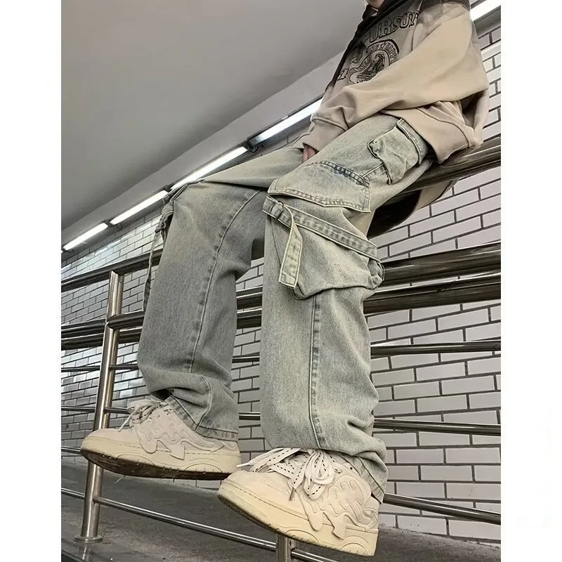 Male Jean Pants Clothes Japanese Vintage New Fashion Men's Solid Color Washed Wide Leg Straight Multi Pockets Denim Trousers