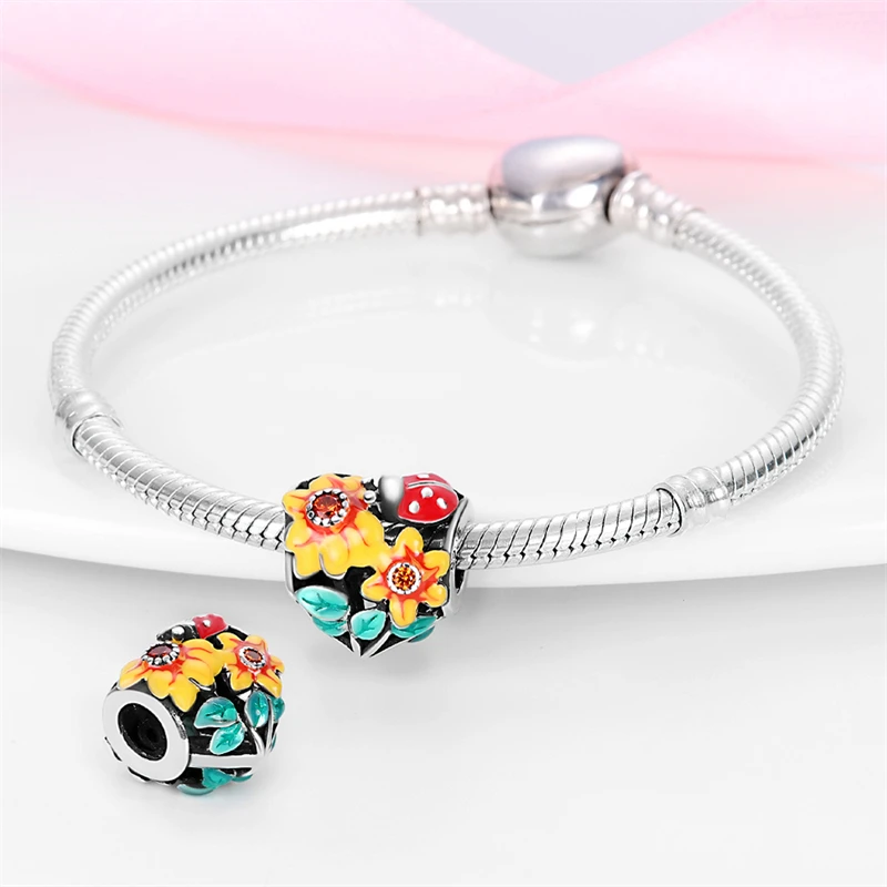 925 Sterling Silver Sunflower Sakura Clover Floral Plants Series Charm Beads Fit Original Bracelets DIY Jewelry Gifts