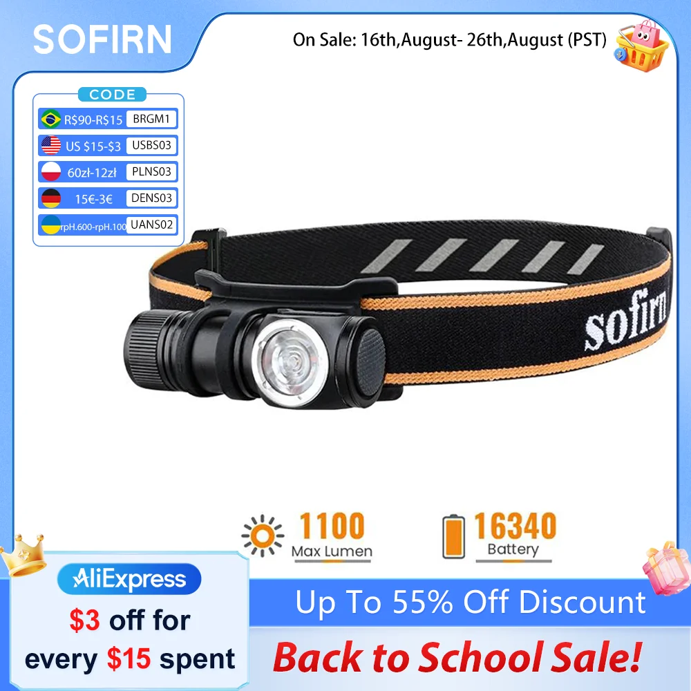 Lanterna de Cabeça SOFIRN HS10 90CRI LED 1100lm Recarregável USB-C 16340 Mini Lanterna com Tampa Magnética Portátil