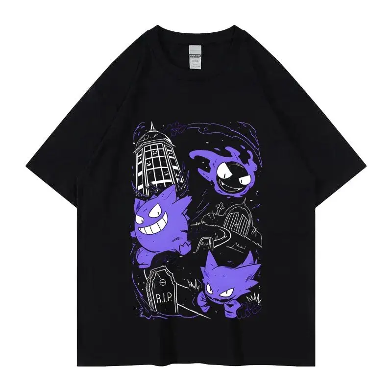 Pokémon, Taschenmonster, Gengar, im gleichen Stil bedrucktes Kurzarm-T-Shirt für Männer und Frauen, trendiges Cartoon-Design, locker geschnitten