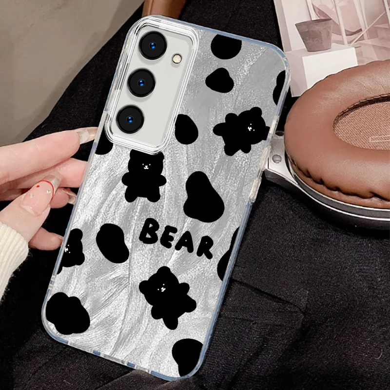 Black Lucky Bear Printing For Samsung S24 S23 S21 FE Plus Ultra A03 A25 A23 A22 A21S A15 A14 A12 5G Feather Yarn Cover