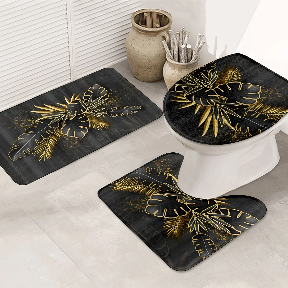 

Black Banana Leaf Print Floor Mat Set, Three-Piece Bathroom Mat Set, Non-Slip Mat, Absorbent Mat, Toilet Seat Cover Mat, Toilet