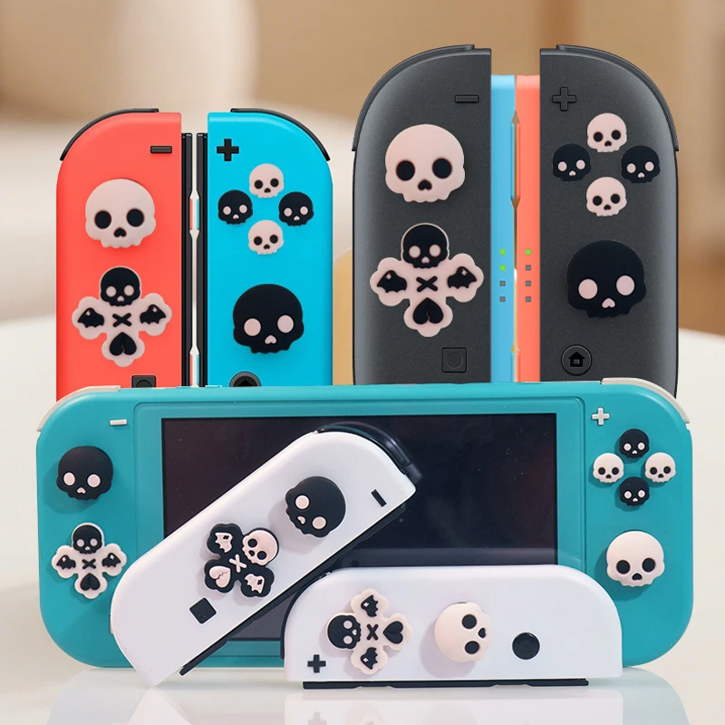 Skull Silicone Soft D-pad Cross Button ABXY Key Sticker Skin Case For Switch 2/NS Lite Oled Joy-con Thumb Stick Grip Cap Cover