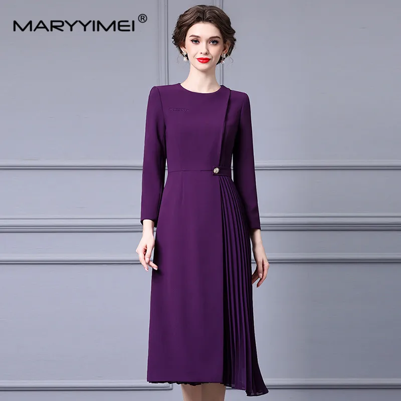 MARYYIMEI New Fashion Runway Designer Girocollo da donna Manica lunga Patchwork pieghettato Vita ricevente Abito viola vintage