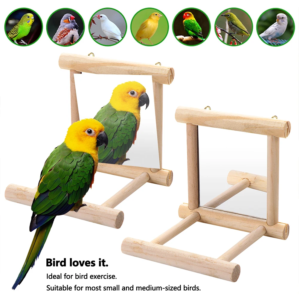 Bird Mirror with Wooden Perch Interactive Hanging Toy Game for Parrot Budgie Parakeet Cocker Conure Finch Budgie Bird Supplies