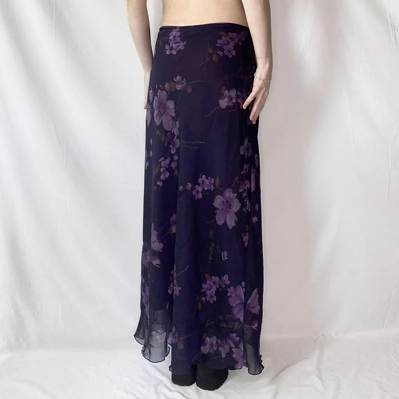 Zeyla Gonna lunga con pannelli in rete con stampa vegetale viola vintage Gonna lunga lusinghiera dimagrante per donna Boho Casual da indossare ogni giorno