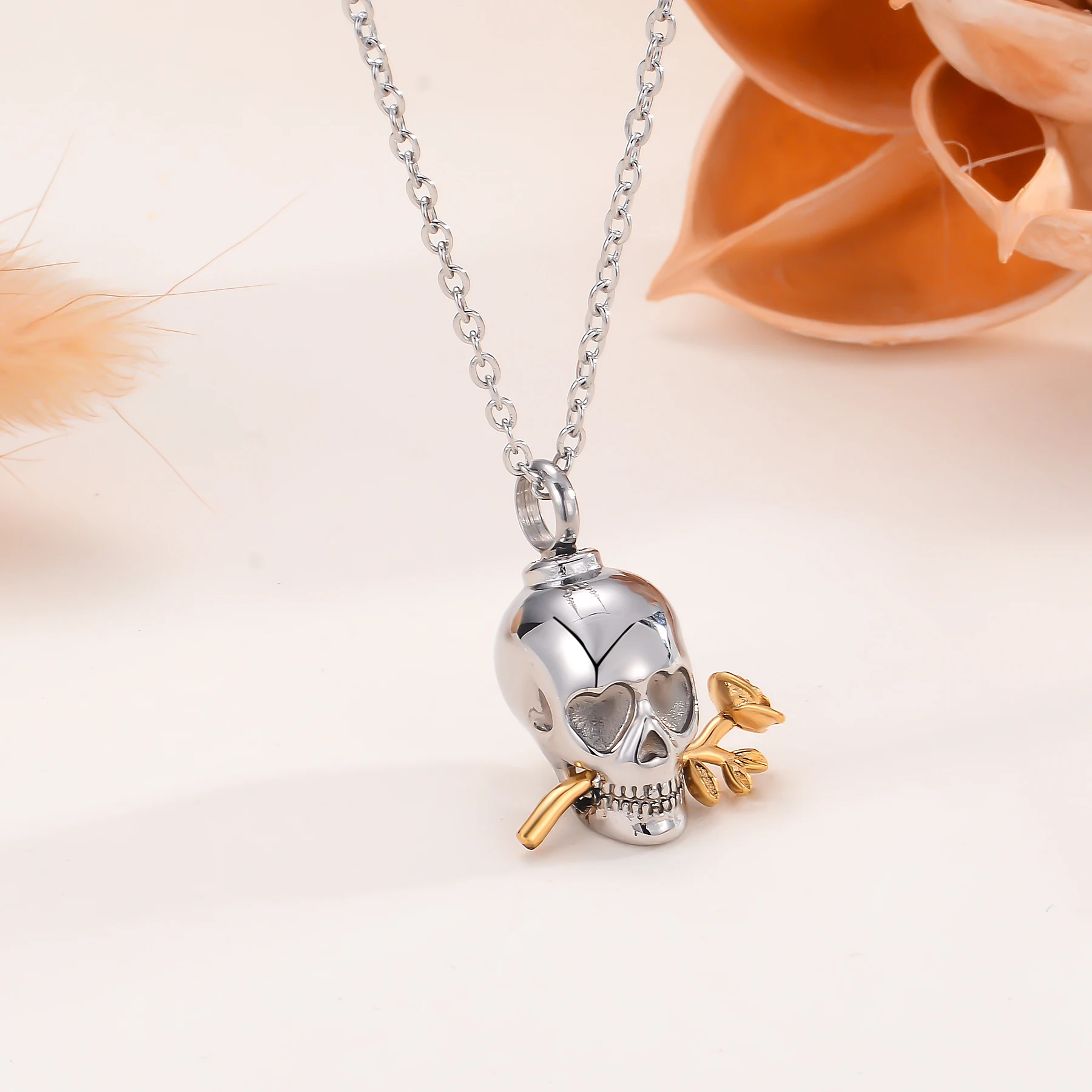 Punk Stainless Steel Skull with Rose Urn Necklace Memorial Pet Human Ashes Cremation Jewelry Charms Keepsake Dropshipping