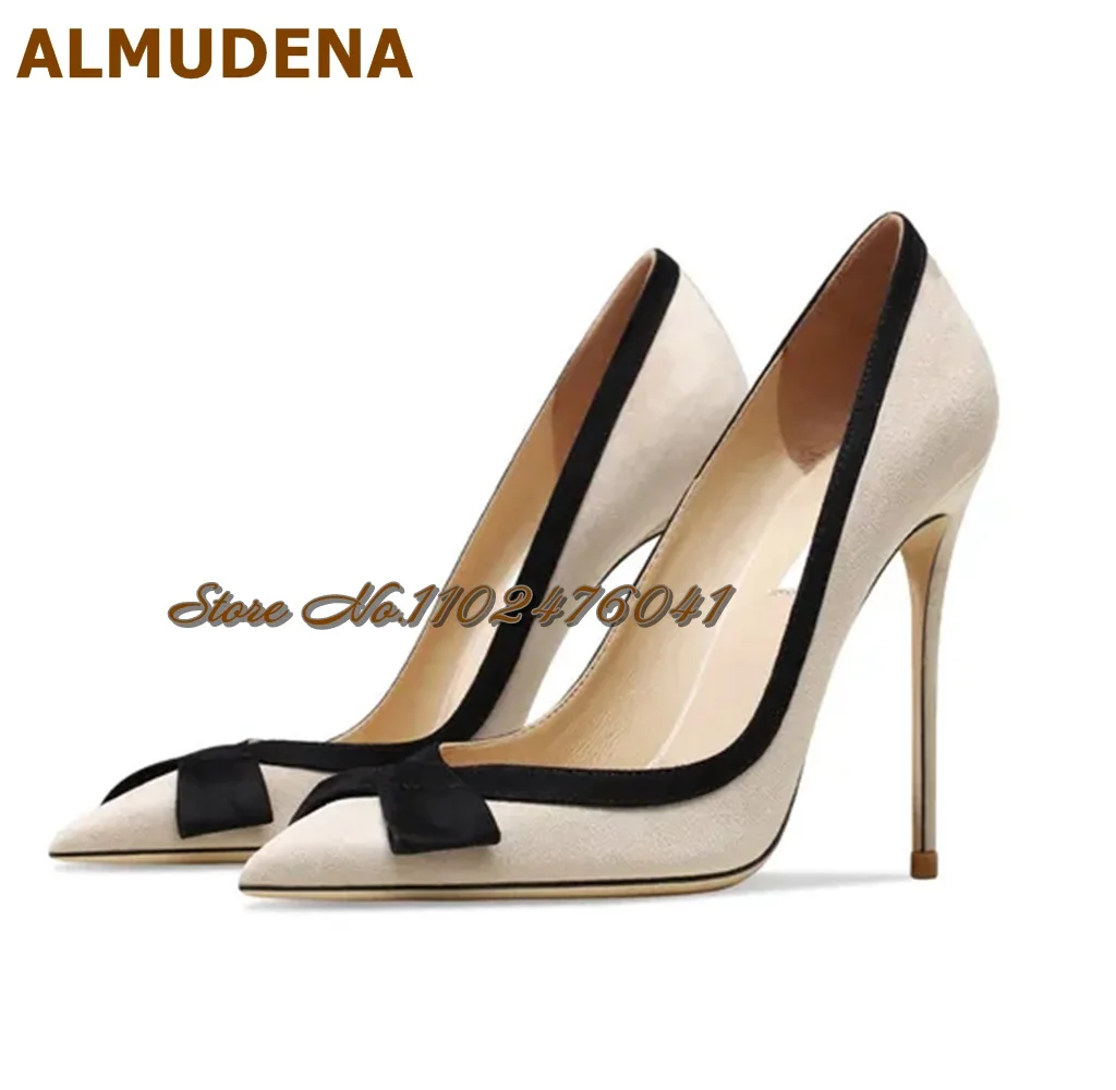 Almudena bege salto stiletto vestido sapatos preto borboleta-nó retalhos elegante bombas de noite dedo do pé apontado saltos rasos 12cm