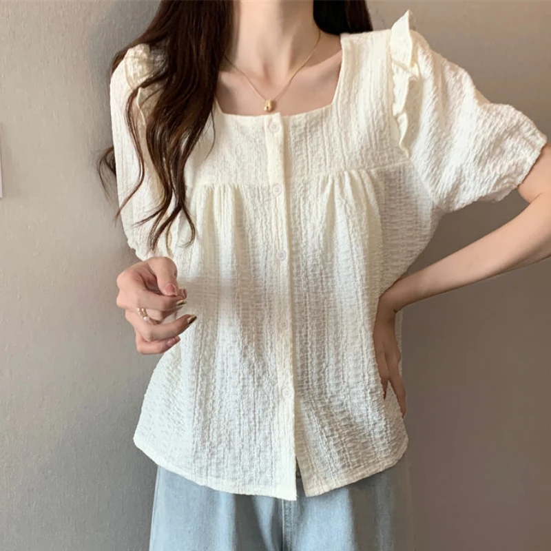 Ruffles Shirts Women S-3XL Puff Sleeve Sweet Solid All-match Ladies Temperament Summer Casual Fashion Ulzzang Korean Style Chic