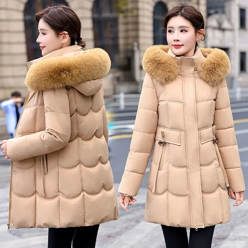 Women Winter Fur Collar Hooded Parka Fashion Letter Patch Zipper Pockets Design Long Jacket Elegant Slim Warm Thick Female Coats