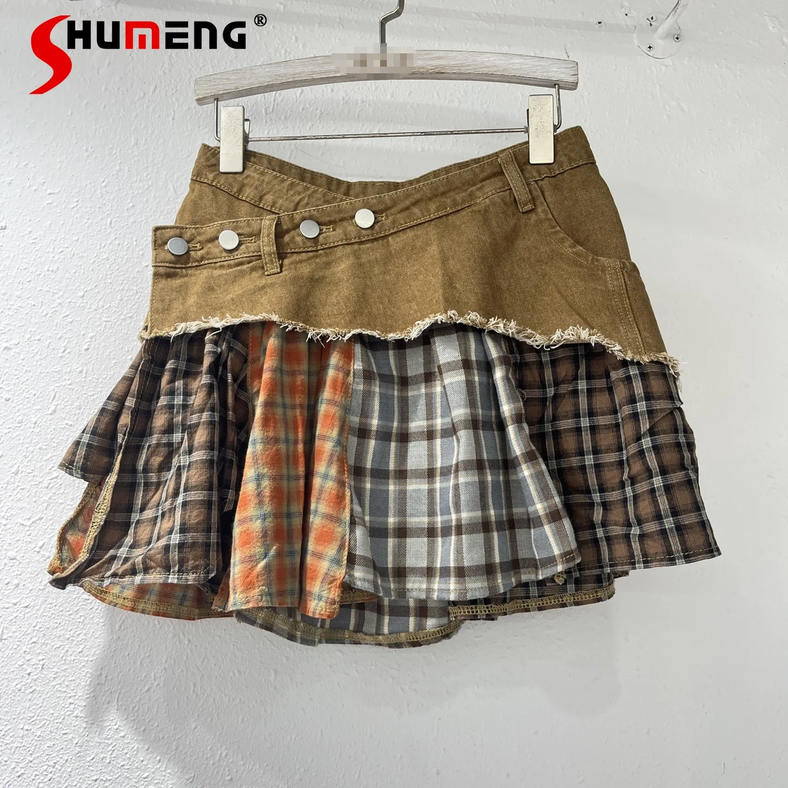 

2024 Summer New Women's Wear Irregular A- Line Skirts Plaid Stitching Denim Skirt High Waist Trendy Feminine Chic Elegant Skirts