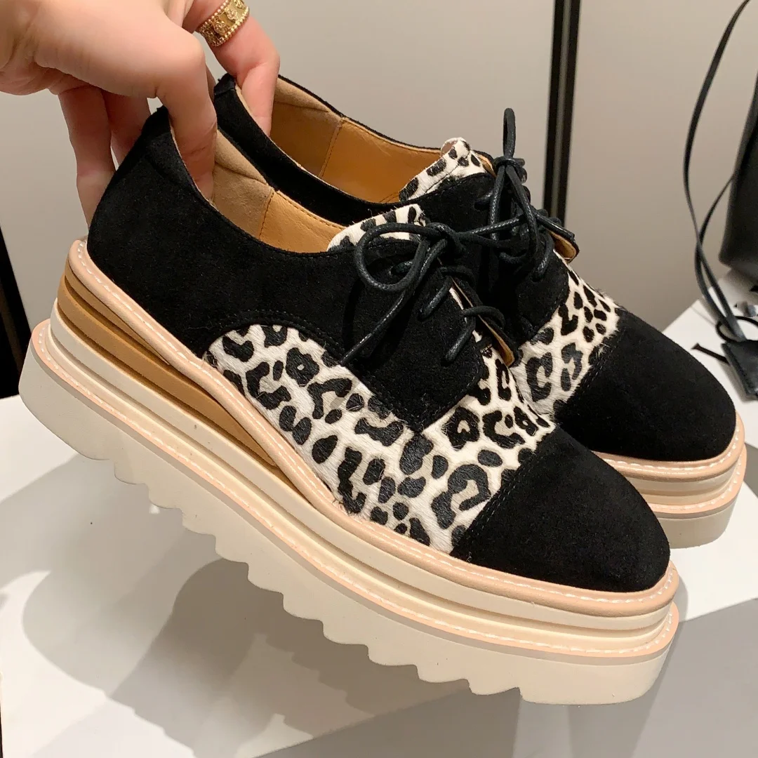 Women\'s natural suede leather horsehair patchwork thick sole platform flats lace-up oxfords square toe high quality casual shoes