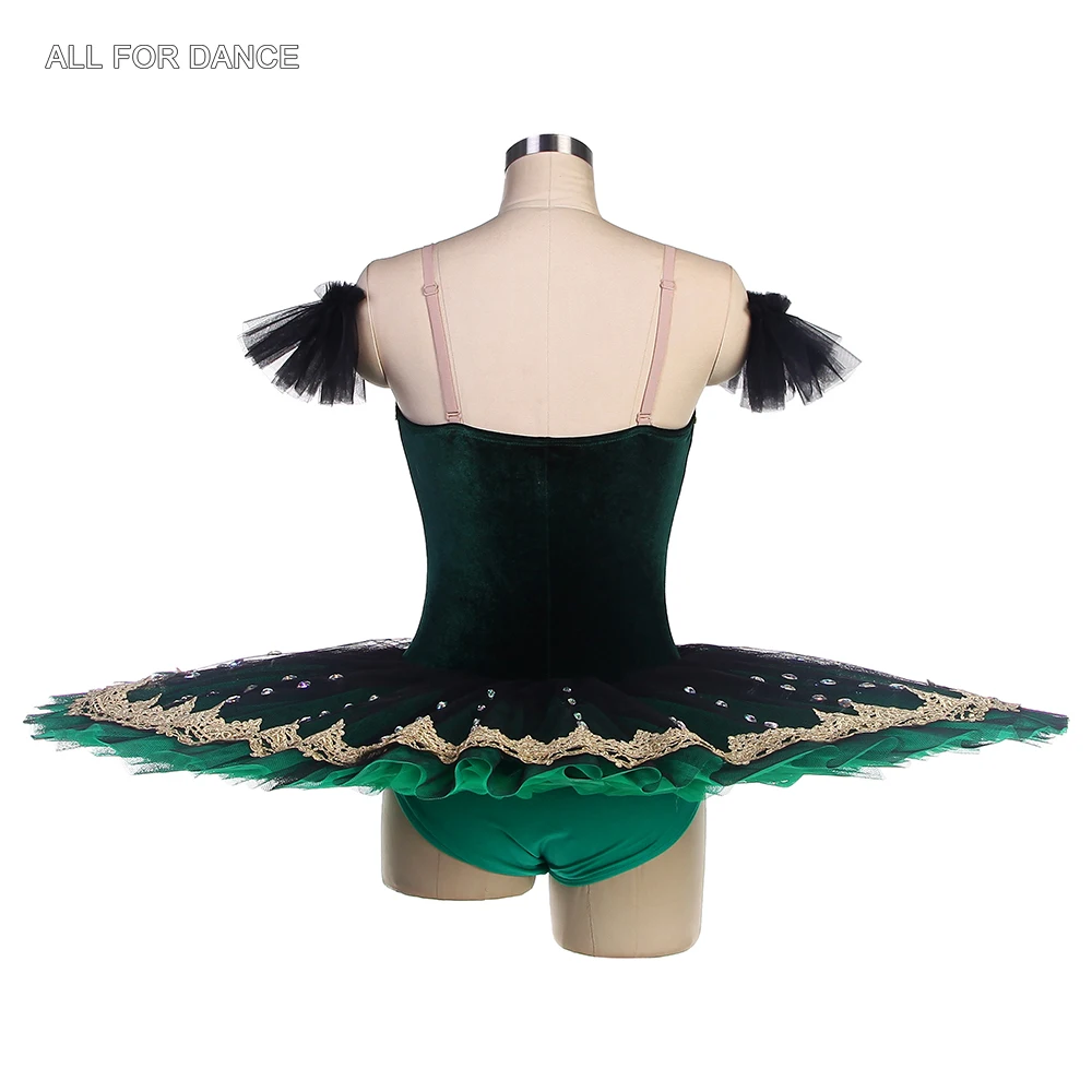 BLL558 Green Velvet Bodice Pre-professional Ballet Pancake Tutu with Gold Trim Perforamcne Ballet Tutu Green Tulle Tutu