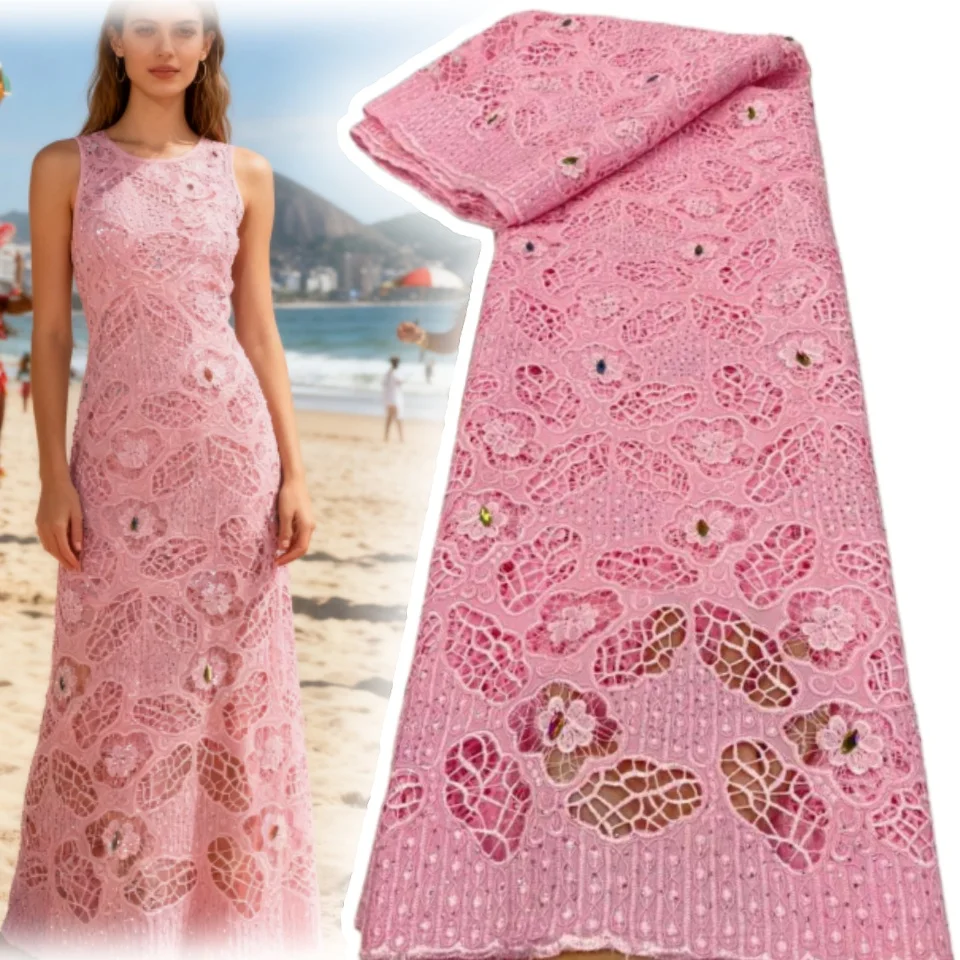 

Yellow Nigerian Milk Silk Sequined Lace Fabric 2025 High-Quality African Water-Soluble Lace Fabric Ideal for Evening Gowns 1915