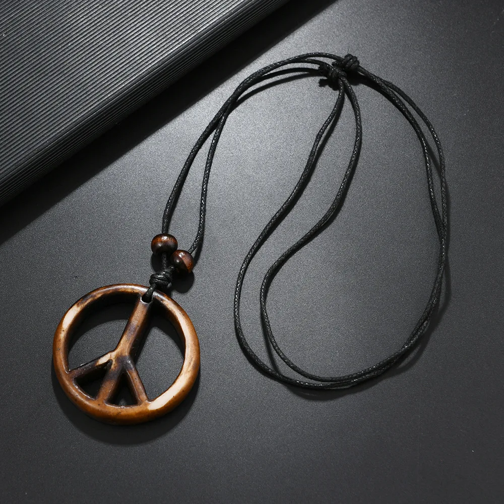 European and American new personalized fashion resin and peace standard necklace, minority style black wax thread men's jewelry