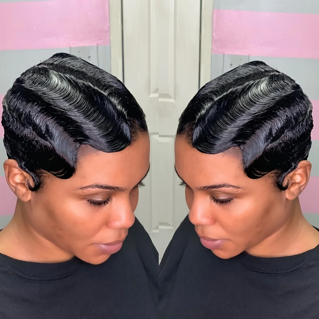 

Deep Wave Finger Wave Wig Human Hair 150% Density, Short Pixie Cut Wigs for Women Full Machine Made with Rose Net Cap,