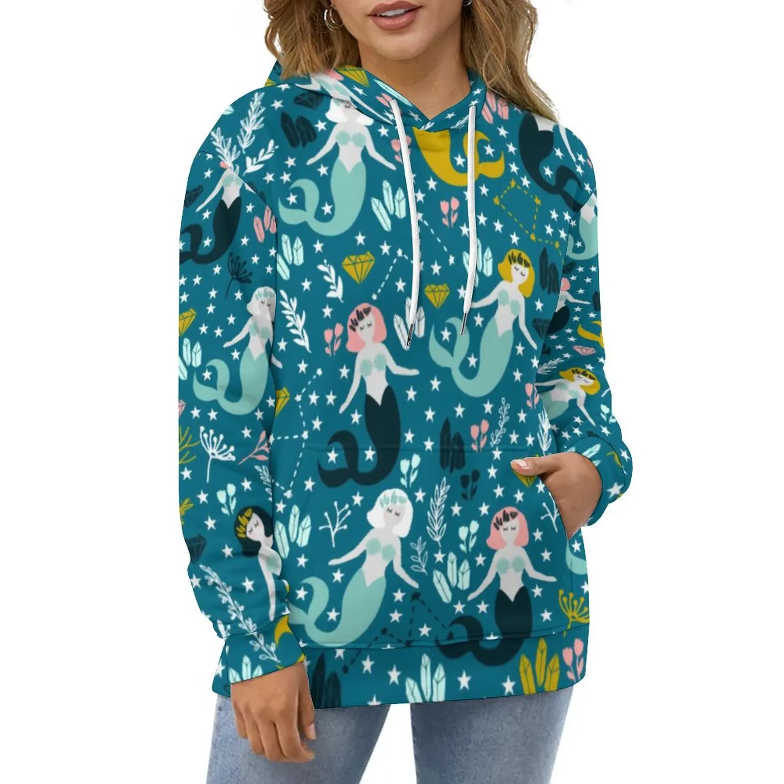 

Cute Mermaid Casual Hoodies Stars And Floral Print Kawaii Pullover Hoodie Female Long-Sleeve Oversized Hip Hop Loose Clothing