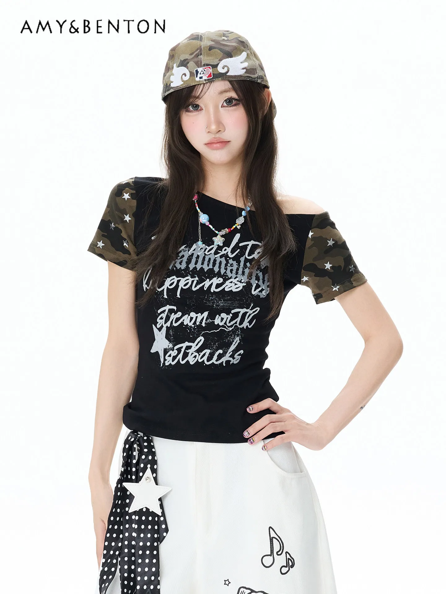 

Summer American Retro Street Style Women's Hot Girl One Shoulder Black White Camo Short Spliced Print Slim Short Sleeve T-Shirt