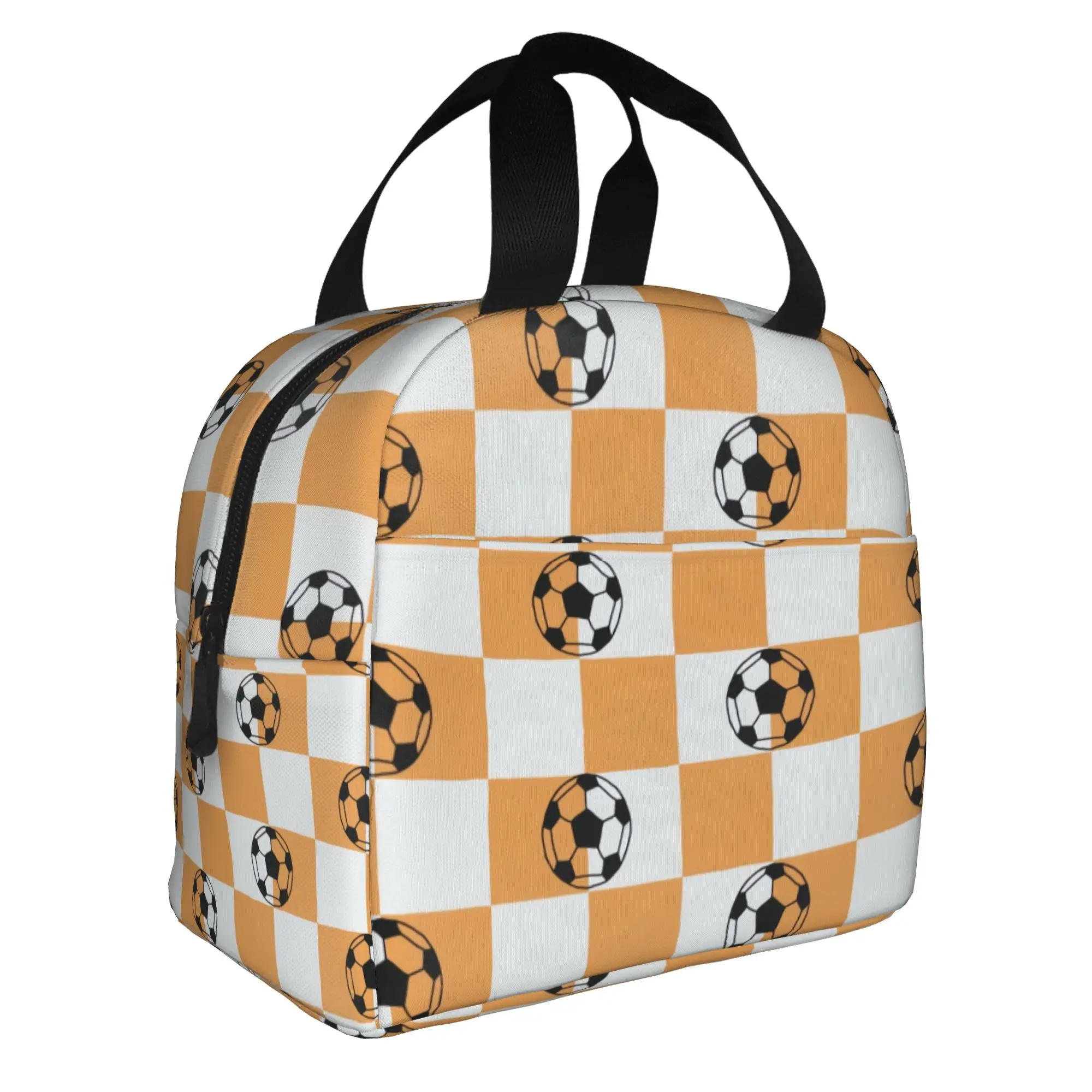 Bright Orange Checks Soccer Balls  Insulated Lunch Bag for Women Portable Footbally  Thermal Cooler Bento Box School