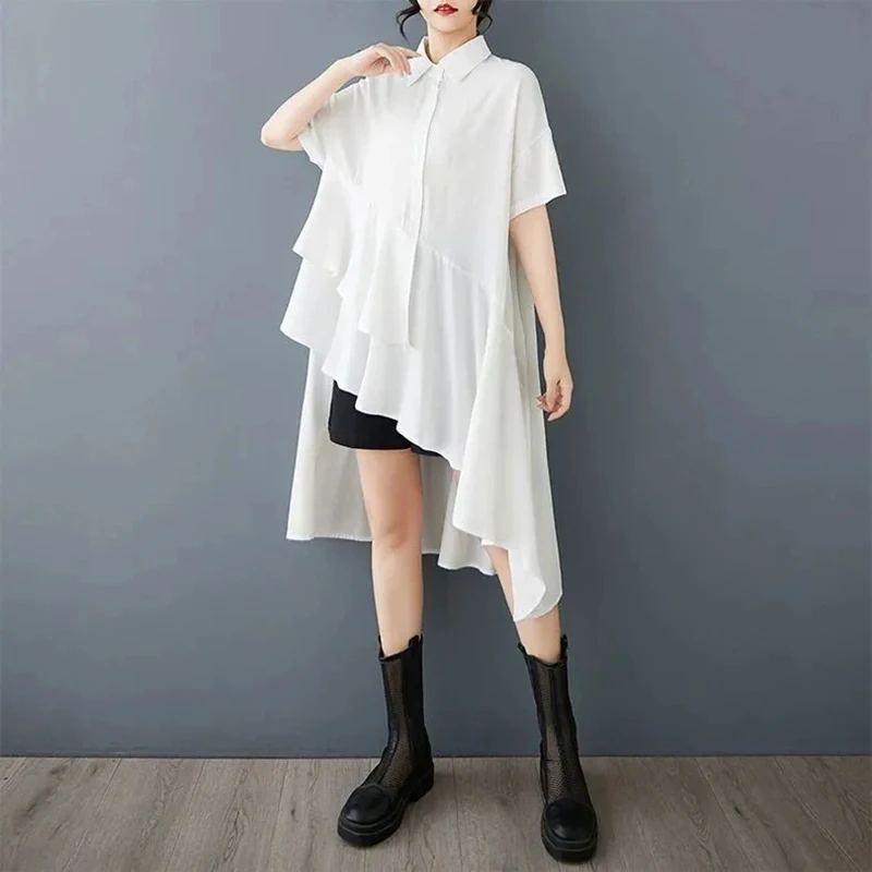 

Summer Casual Shirt Dress Women Korean Ruffled Loose Short Sleeve Blouse Irregular Harajuku Y2K Fashion Sexy Shirt Dress
