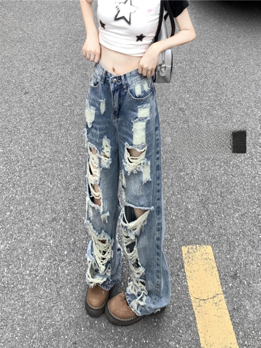 

High Waist Distressed Denim Jeans Women's Wide Leg Summer Loose Design Straight Cut Trousers Trendy American Retro High Street