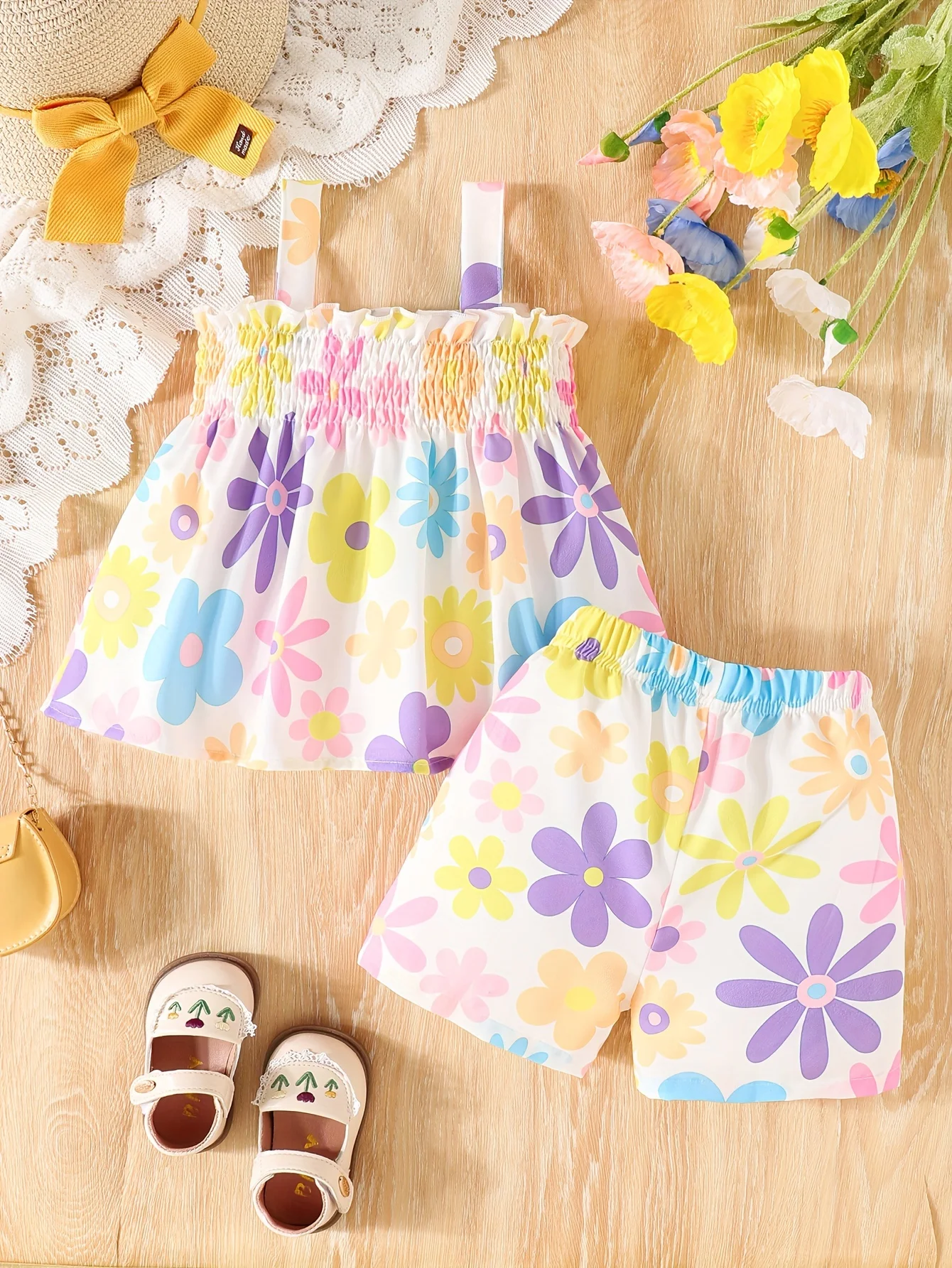 Summer Cool Girls Slip Top +Floral Print Shorts 2 Pieces For a Cute Vacation Style Outfit