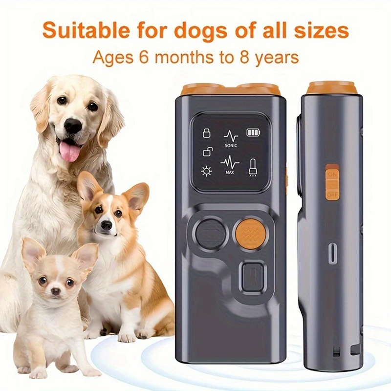 USB Rechargeable Sonic Dog Repeller With Dual Ultrasonic Emitter And High-Frequency LED Flashlight, Anti-Barking Device