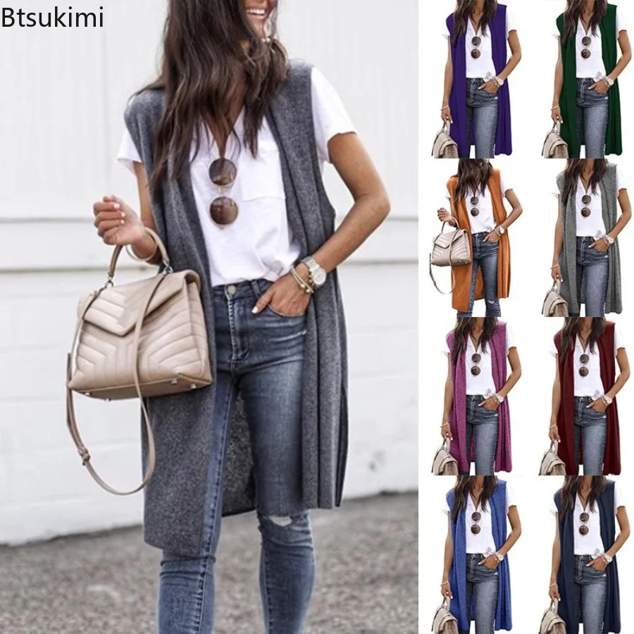 

Женский кардиган-жилет на весну-осень 2025: однотонный, без рукавов, модный, повседневный, средней длины, жилет-пальто, топ