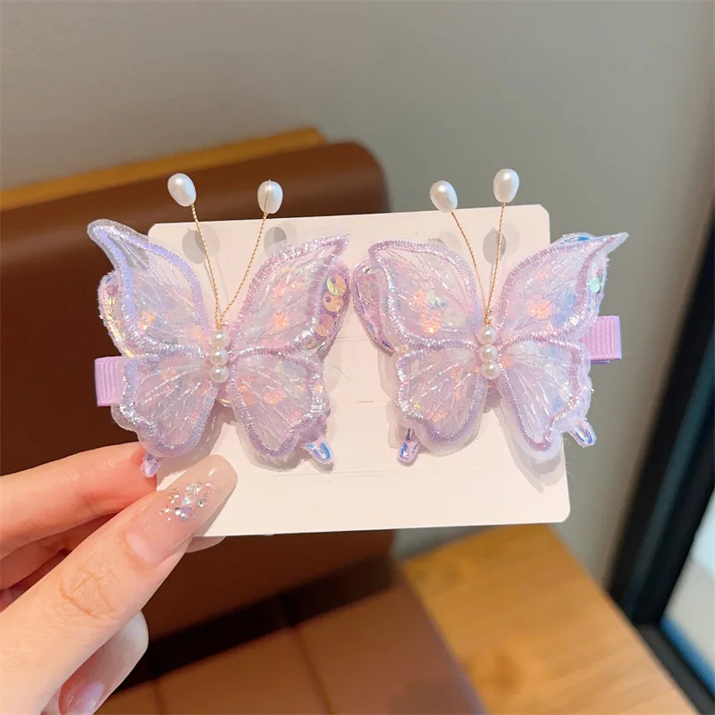 2PCS New Princess Embroidered Butterfly Lovely Girls Hairpins Children Headwear Hairgrip Hair Clips Barrettes Hair Accessories