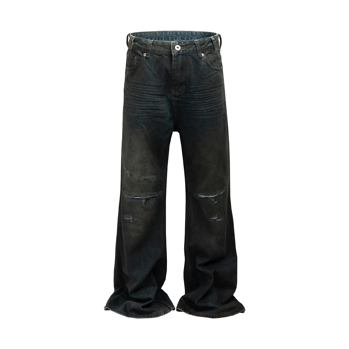 Distressed Dirty Washed Blue Ripped Baggy Jeans for Men Straight Frayed Straight Casual Denim Trousers Oversized Cargo Pants