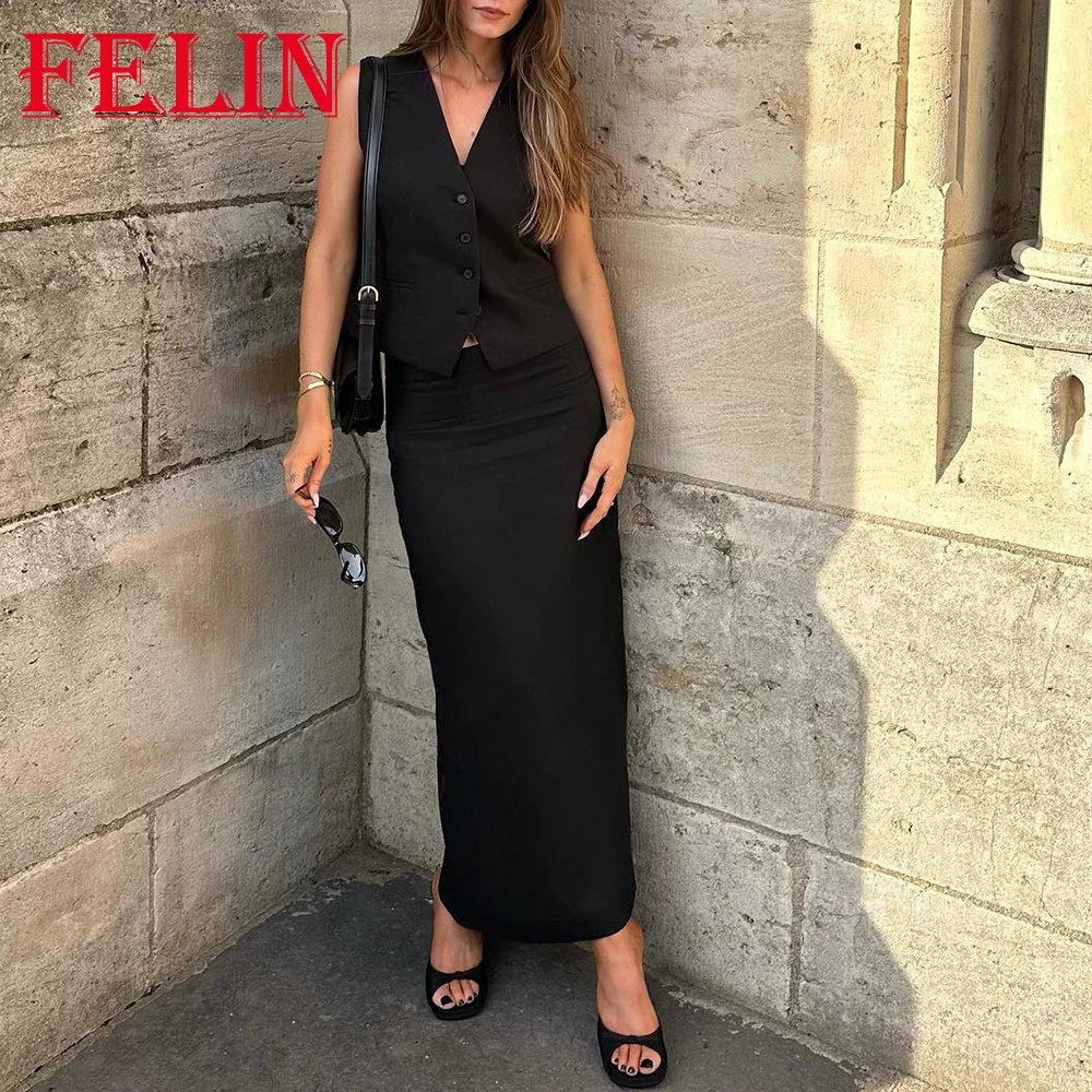 TRAF 2023 Summer Women Vintage Solid Black Linen Suit Buttons V-Neck Vest+Zipper Sheath Long Skirt Sexy Women Elegant Sets