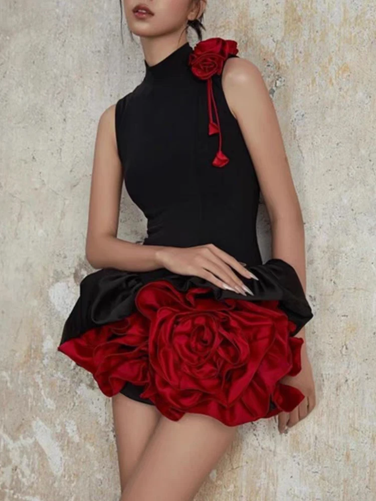 

Designer three-dimensional flower sleeveless vest dress 2025 summer women's dress fashion waist contrast flower pompadour skirt