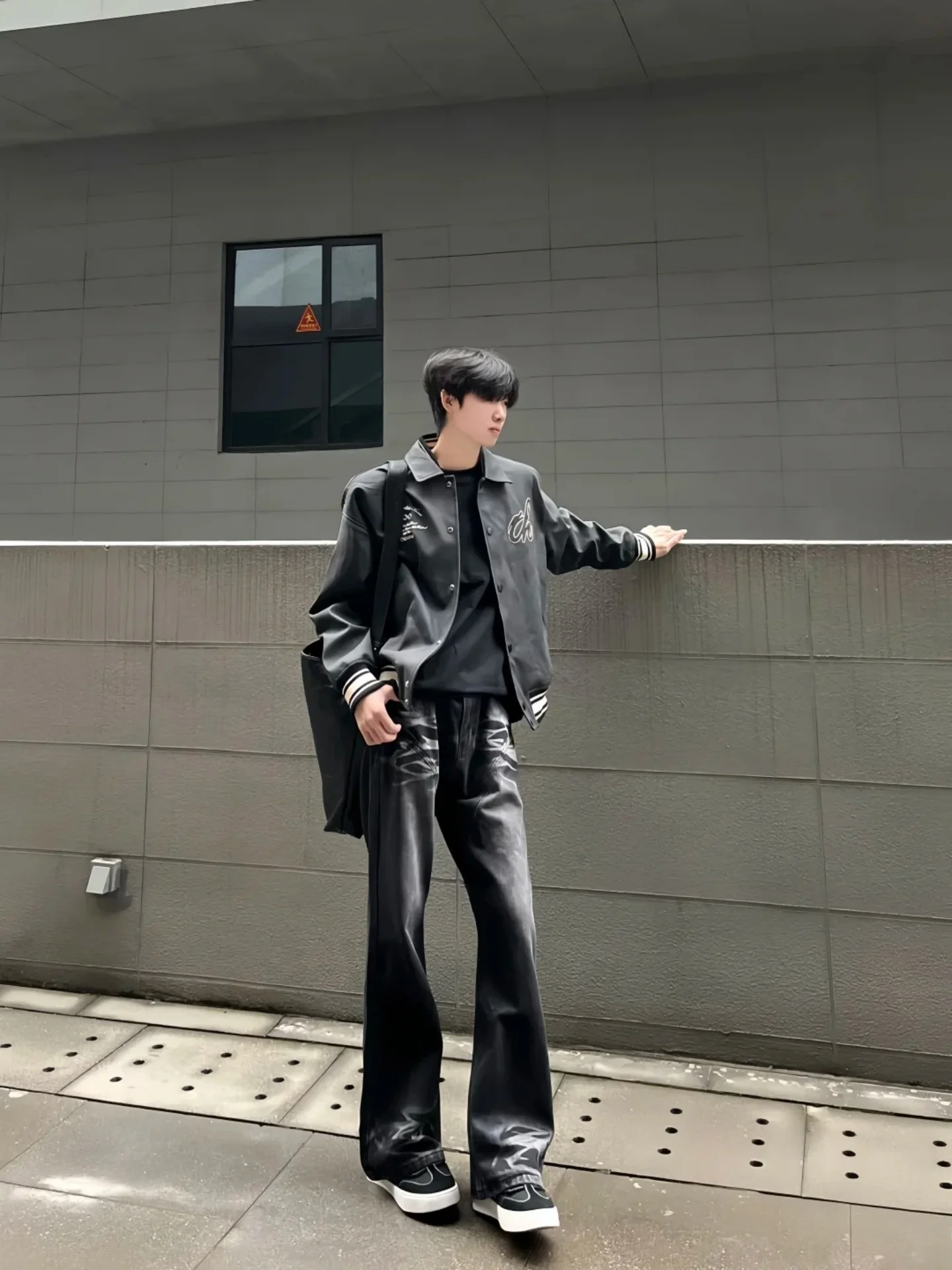 

Bla PU Leather Jaet Men's Autumn Winter Sli Couple's American Motorcycle Sle Baseball Coat Loose Fit Long Sve