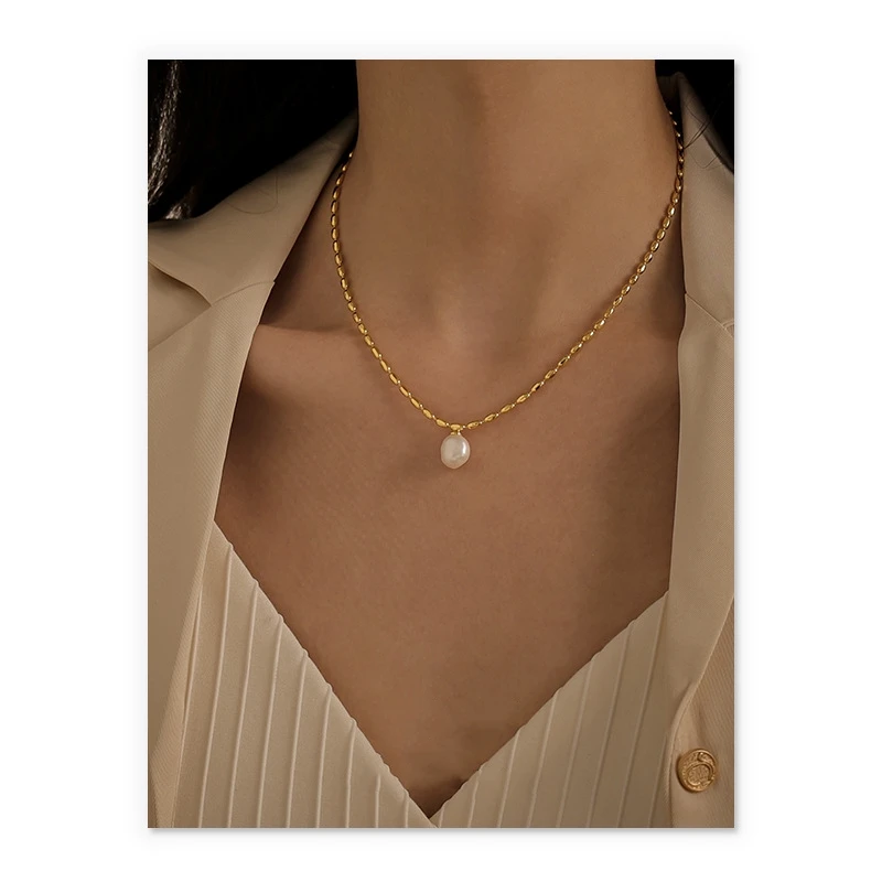 

French Light Luxury Pearl Pendant Rice Bead Chain Necklace for Women Stainless Steel 18k Gold Plated Water Proof Jewelry