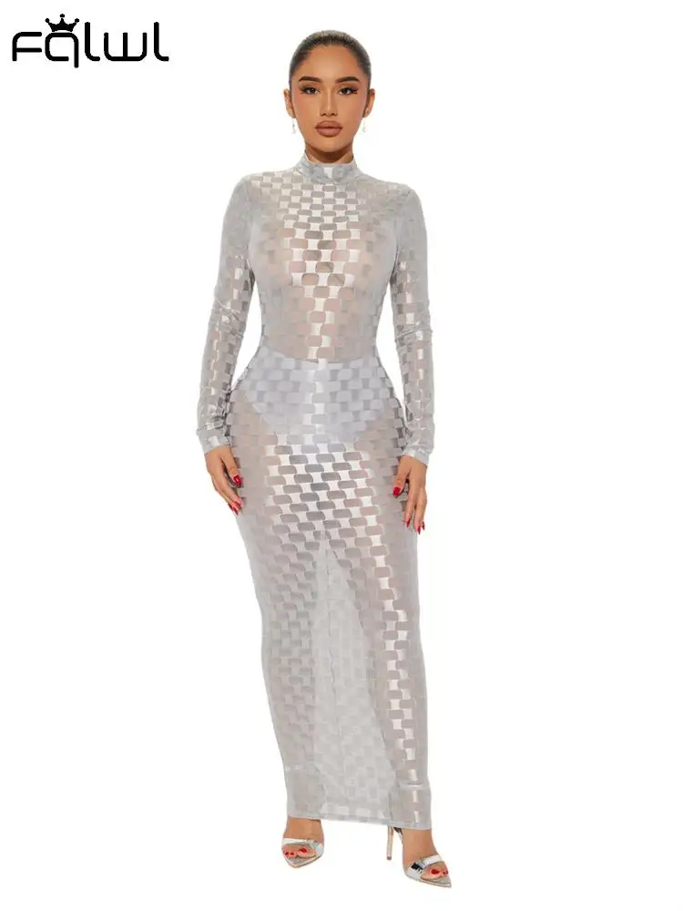 

Habbris Sexy White Grid Line Maxi Dress Party Club Outfits For Women 2023 Fall Long Sleeve See Through Long Dress Brown Dresses