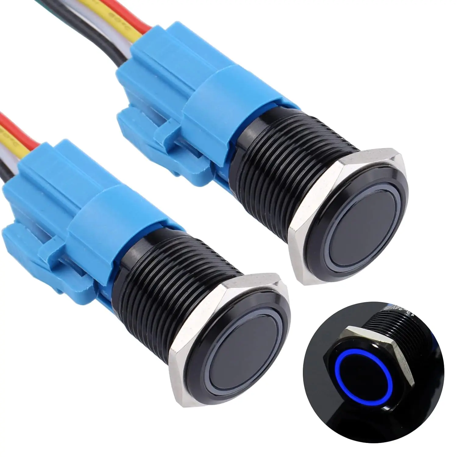 2PCS 12MM Momentary Push Button Switch 12V-24V Ring LED 1NO 1NC Waterproof (ON)-Off Black Metal Shell Button Self Reset