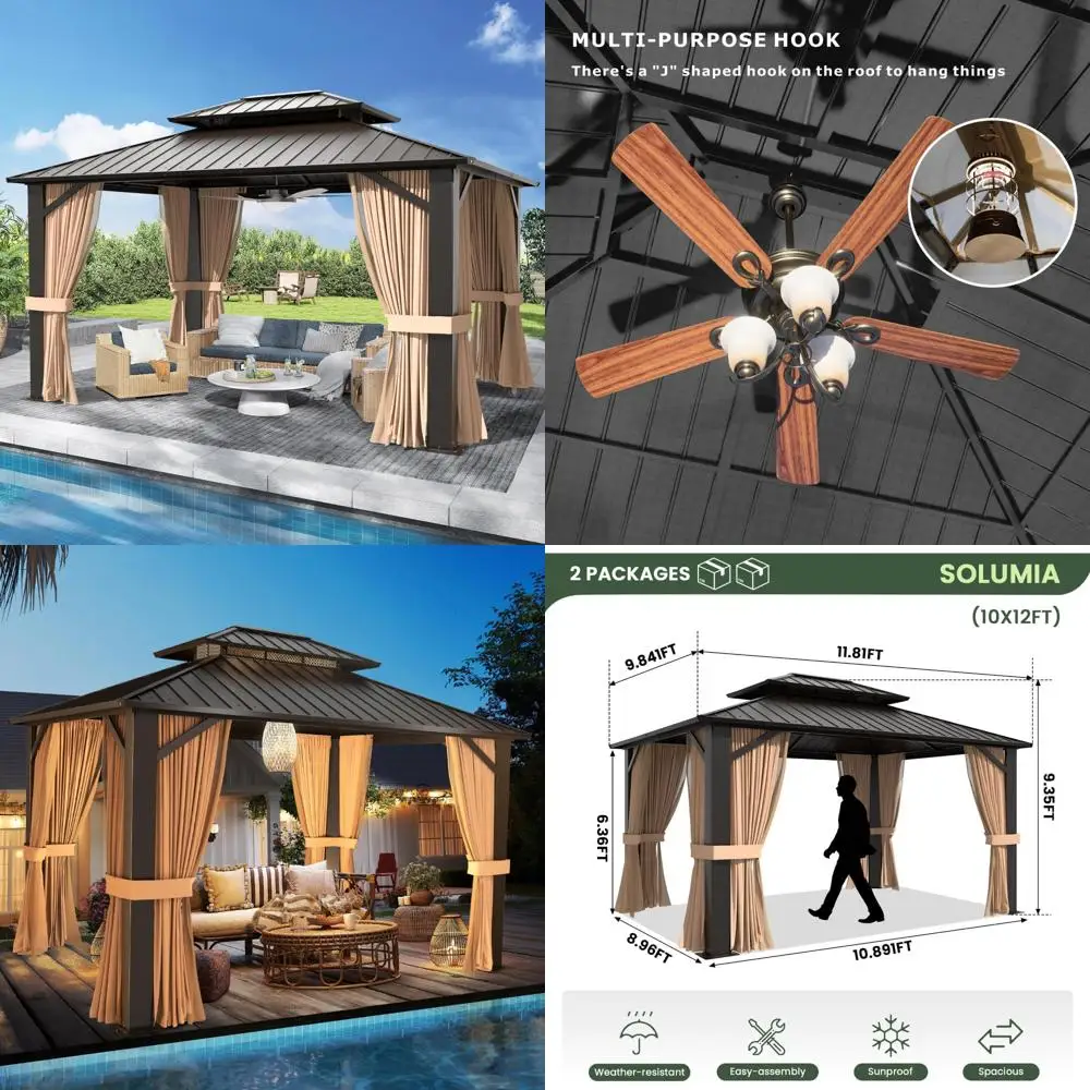 

10’x12’ hardtop gazebo, galvanized steel double roof canopy with aluminum frame, outdoor pavilion with nettings and curtains