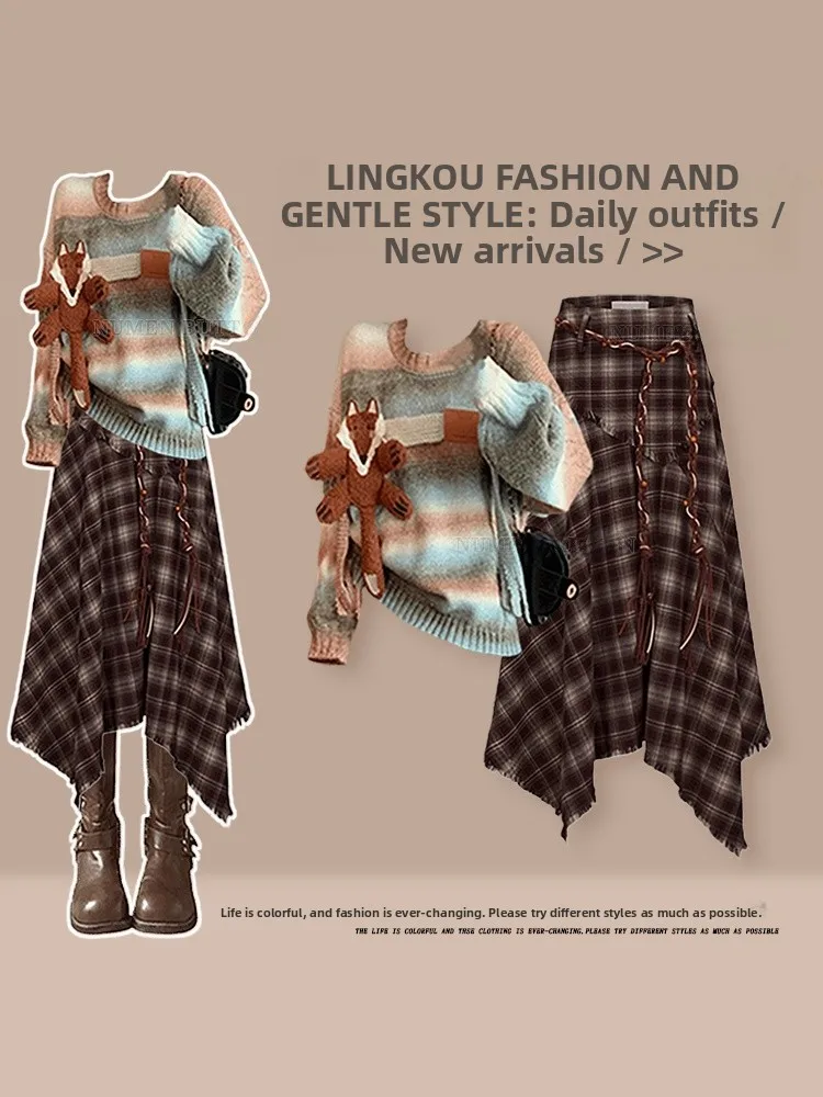 

Stunning Knitted Sweater And Plaid Skirt Set for Women Ele Autumn Winter Outfit High Waist Midi Skirt Two Piece Set